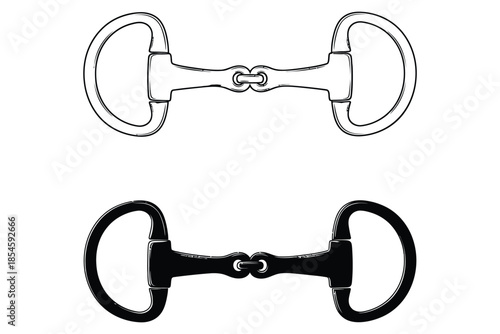Collection of two horse snaffle bits featuring both outline and solid silhouette illustrations on white background