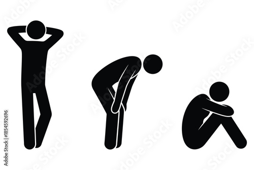Depiction of three stylized human figures illustrating different states of exhaustion stress and recovery postures