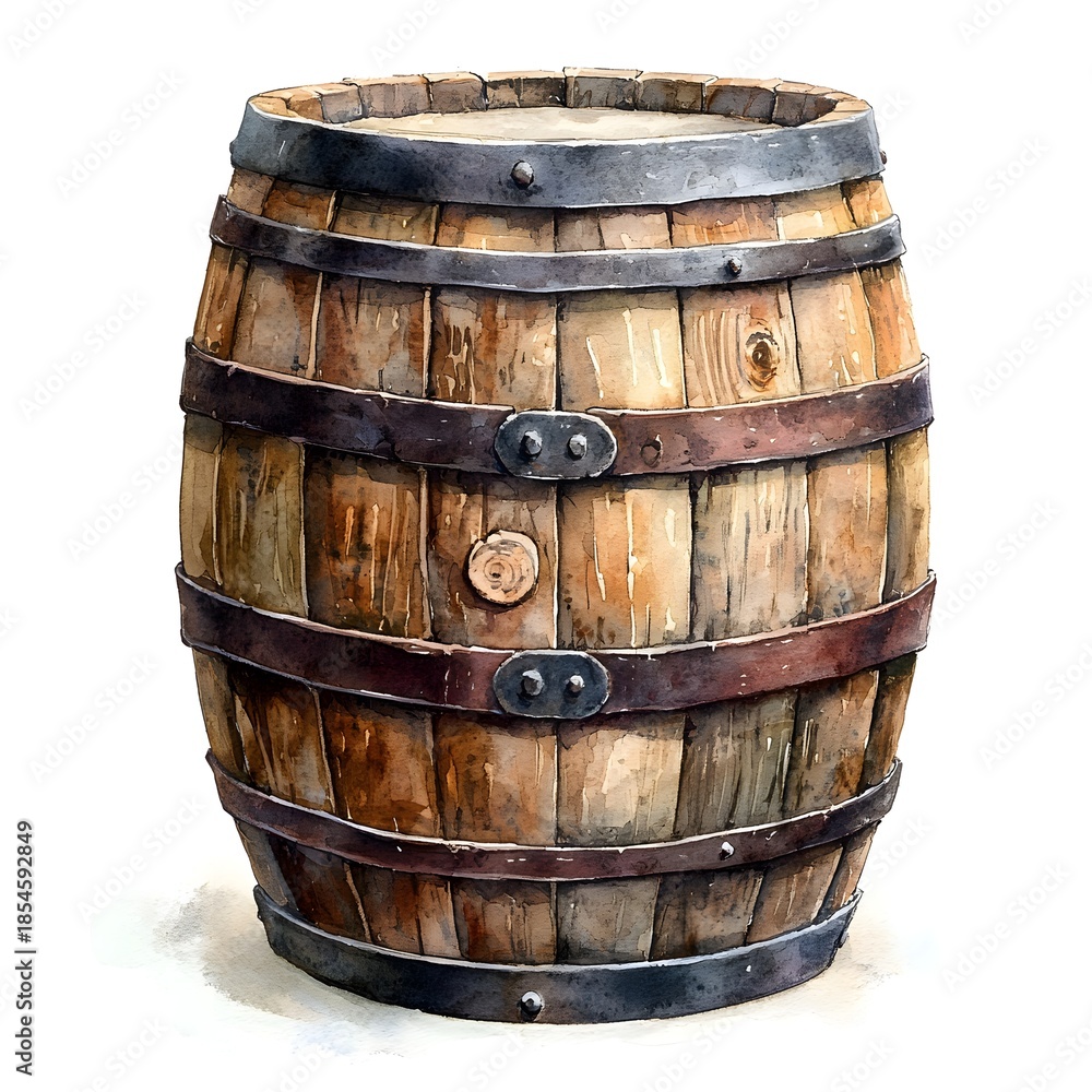 Fototapeta premium A rustic wooden barrel with metal bands rendered in a watercolor painting style