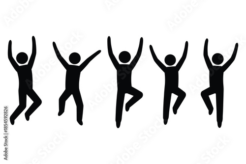 Five diverse stick figure people icons celebrating joyfully in unison with arms raised high