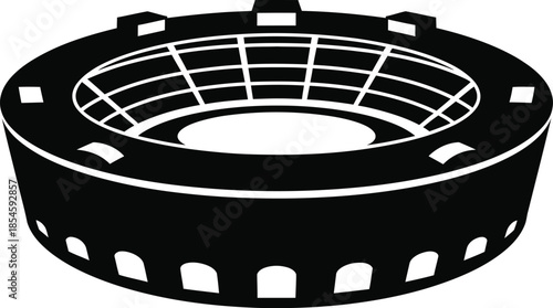 Simple black coliseum illustration with detailed arches on transparent background silhouette