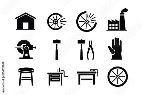 Black and white vector icons representing various tools and industrial elements used in craftwork.