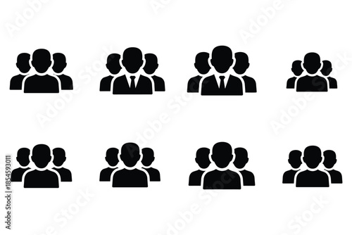 Collection of eight black silhouette icons representing diverse groups of business people and user profiles