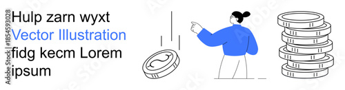 Financial planning, money management, investment strategies, economic growth, wealth accumulation, digital transactions. Person gestures toward coins and stacks. Financial planning and investment