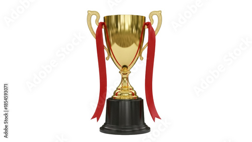 Fotografie Golden trophy cup with red ribbons isolated PNG, award prize for winning first p