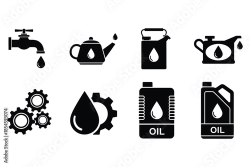 Collection of black and white icons representing liquid dispensing oil lubrication machinery and industrial maintenance symbols