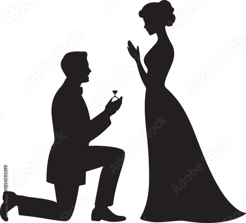 Man on one knee proposing marriage with ring to woman silhouette