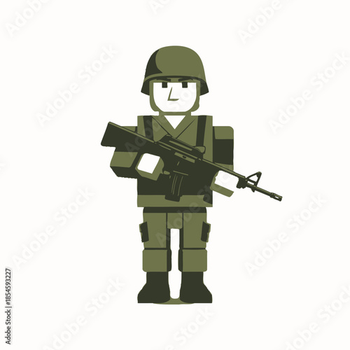 Stylized cartoon soldier with helmet and rifle in combat attire for military themed illustrations
