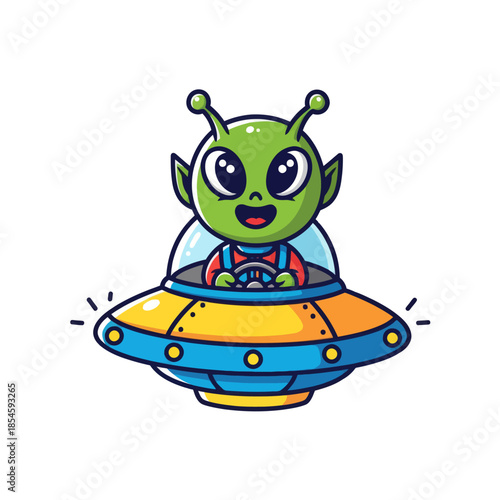 Cute cartoon alien piloting a futuristic flying saucer in a playful setting