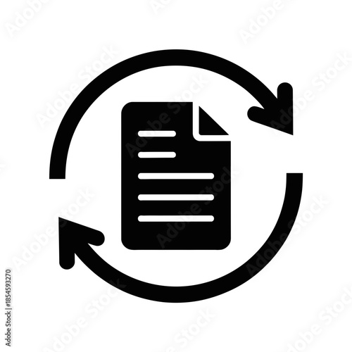 Black document icon with circular arrow representing synchronization, refresh, or update process in digital file management
