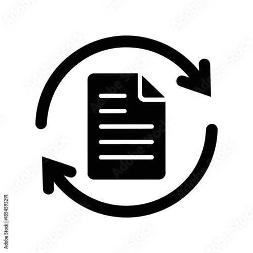 Black document icon with circular arrow representing synchronization, refresh, or update process in digital file management