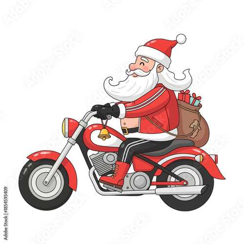 Festive Santa Claus Riding a Motorcycle Carrying Gifts and Snowy Backpack