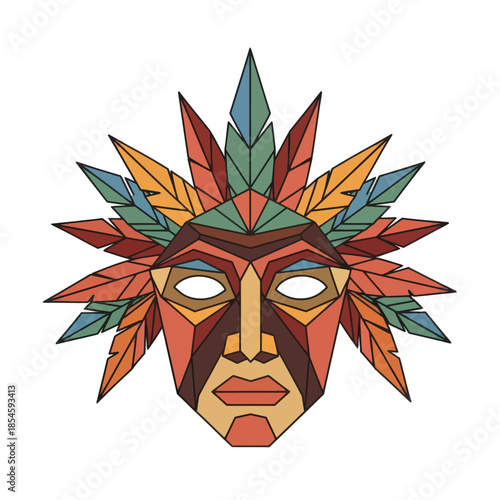 Abstract geometric tribal mask with vibrant feather-like extensions and intense facial features in