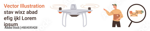 quadcopter technology, logistics services, package delivery, remote operations, mail analysis, courier services. ion includes a Quadcopter, courier and magnified envelope. Focus on logistics