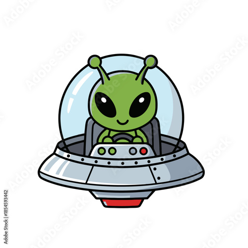 Adorable cartoon alien character piloting a futuristic flying saucer with vibrant colors