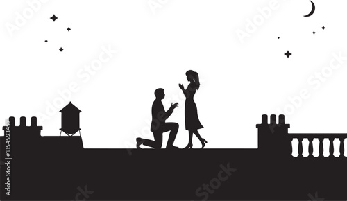 Man on one knee proposing to woman on rooftop at night