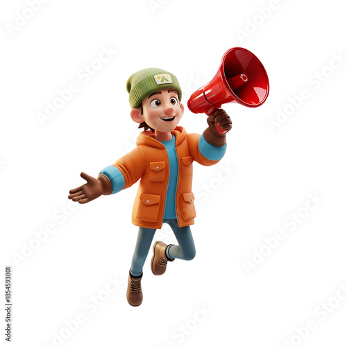 3D marketing announcer character holding megaphone for promotion, advertising campaign, public announcement and communication concepts, isolated on a transparent background, png, cutout