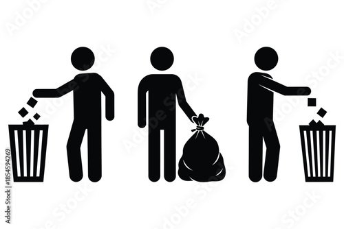 Pictogram icons illustrate the important sequence of proper waste disposal and placing trash in containers