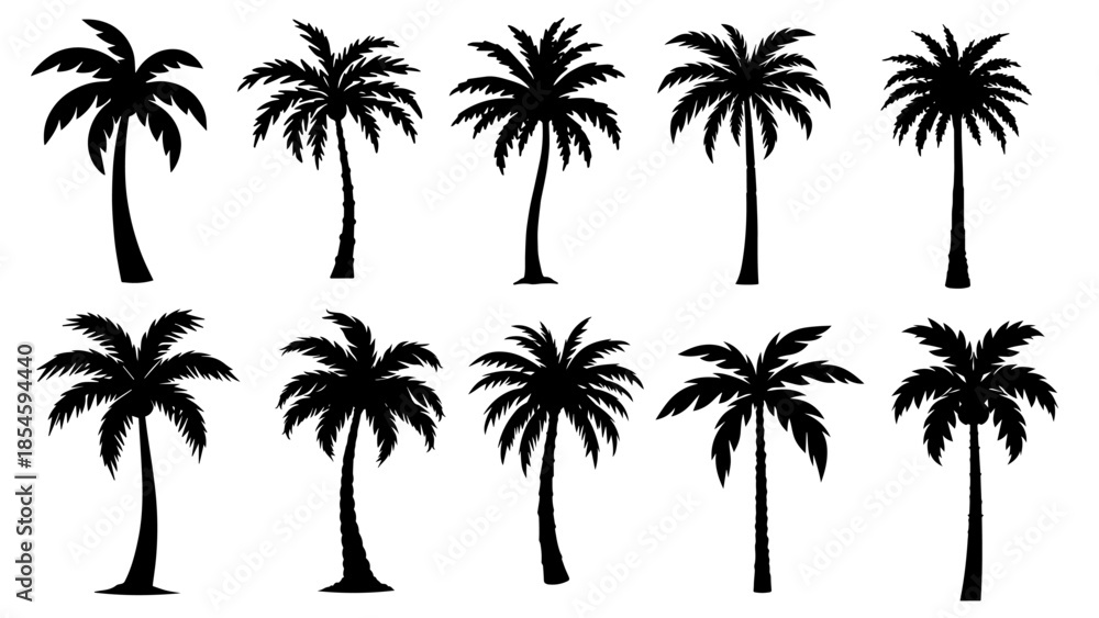 Naklejka premium Stylized vector palm tree silhouette clipart set with bold black outlines, clean curves, and a balanced symmetrical layout, perfect for minimalist design projects.