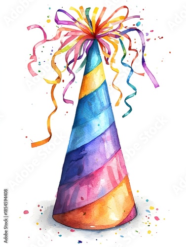 Festive watercolor party hat with colorful streamers and confetti splatters
