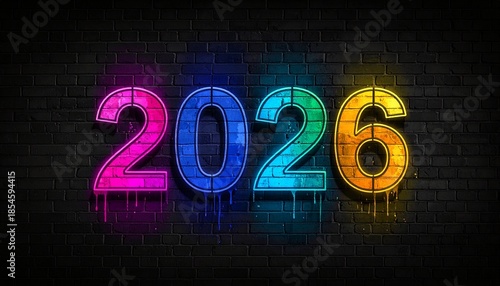 2026  New Year neon sign on brick wall street building