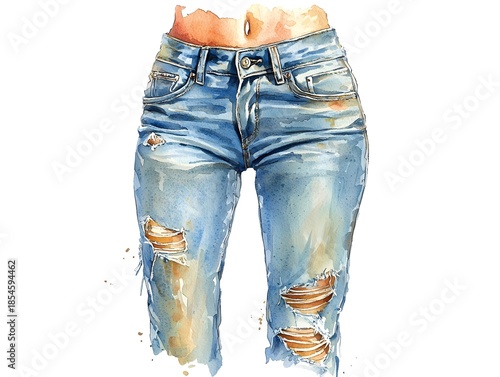 ic watercolor illust n depicting ripped blue denim skinny jeans symbolizing casual and trendy fashion