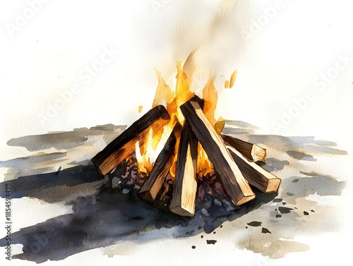 ic watercolor painting depicts a vibrant bonfire with burning logs and long shadows