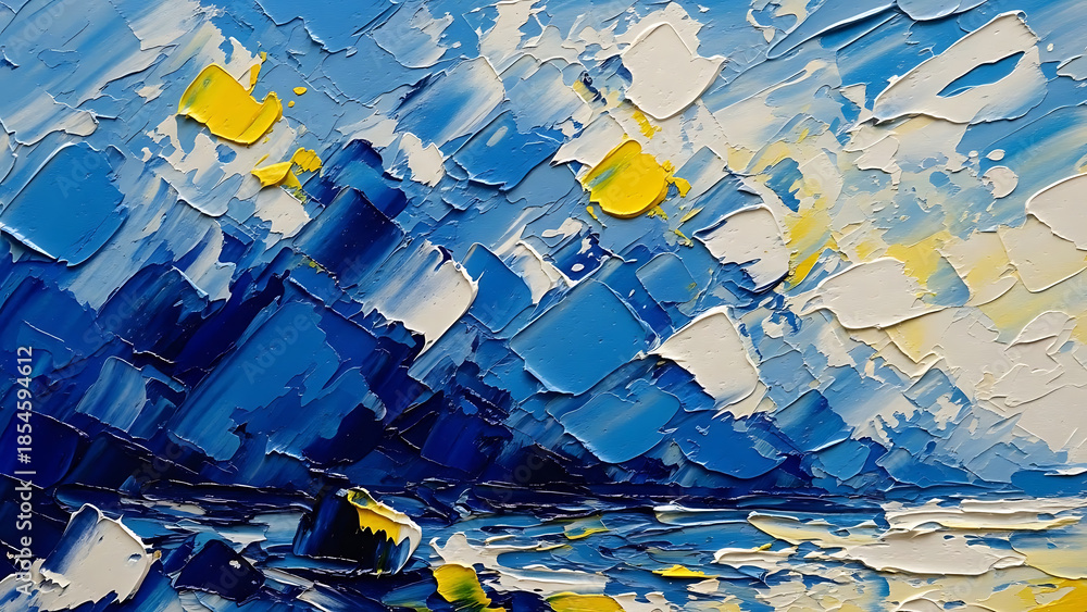 Fototapeta premium Abstract oil painting of blue and yellow landscape with white clouds
