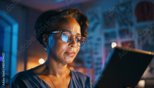 Modern senior woman using a digital tablet at home during the evening