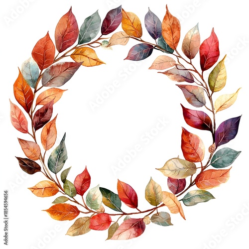 Watercolor illust n of a circular wreath made of vibrant autumn leaves and branches in warm earthy tones perfect for seasonal deco n