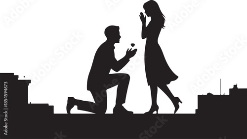 Man proposes to woman with ring silhouette on cityscape