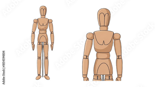 A wooden mannequin viewed from front and back standing on white background