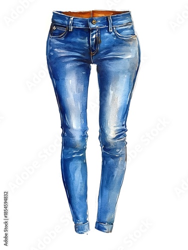 Watercolor illust n of classic blue skinny jeans with a worn textured appearance