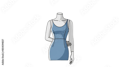 Illustration of a sleeveless blue dress on a mannequin viewed from the front