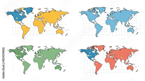 Colorful world maps displayed on a white background