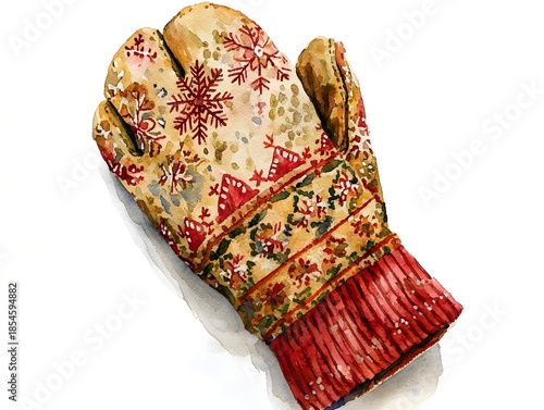 Watercolor painting of a festive winter mitten with snowflake and traditional patterns