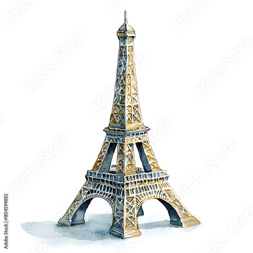 Watercolor painting of a miniature Eiffel Tower with ic detail casting a subtle shadow on a white background