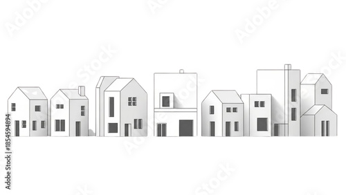 Illustration of diverse architectural styles in a row of houses from a frontal viewpoint