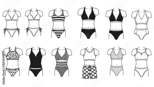 Various swimwear designs illustrated in black and white on a clean background
