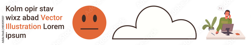 Fototapeta premium Communication, data storage, emotions, remote work, cloud computing, workspace design. Minimalist emoticon, cloud and woman working at desk. Communication and data storage concepts