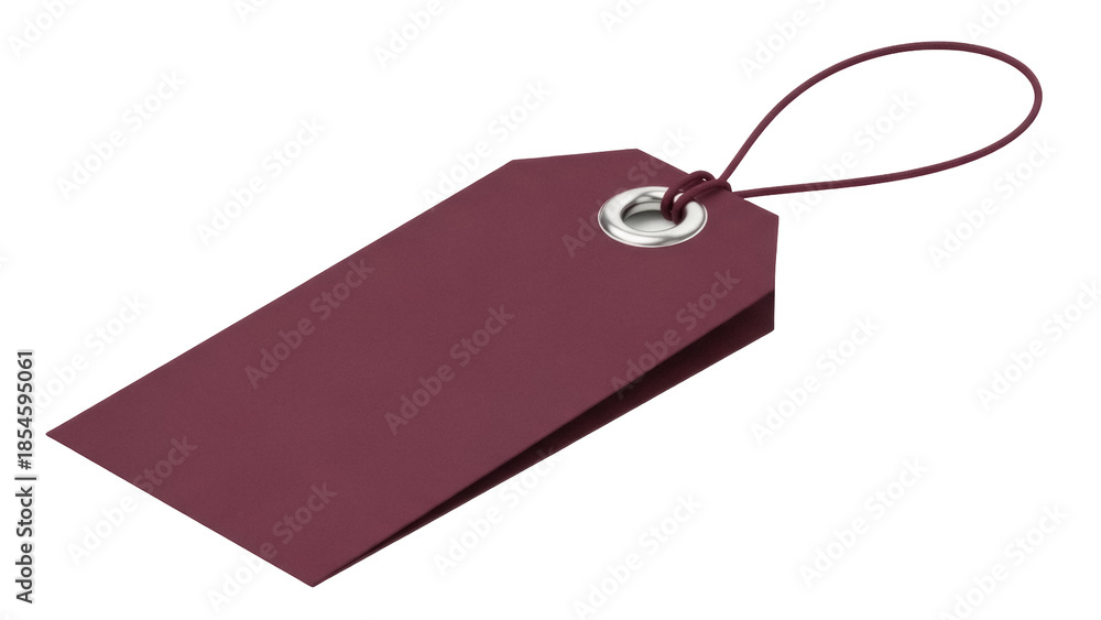 Fototapeta premium Maroon price tag isolated PNG on transparent background, blank label with silver eyelet and string for retail and product identification