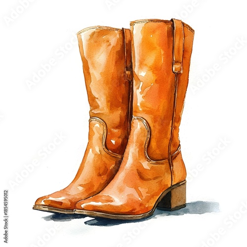 Watercolor painting of two stylish glossy orange knee high riding boots with block heels on a white background