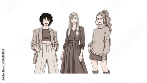 Three individuals standing together in a minimalist illustration
