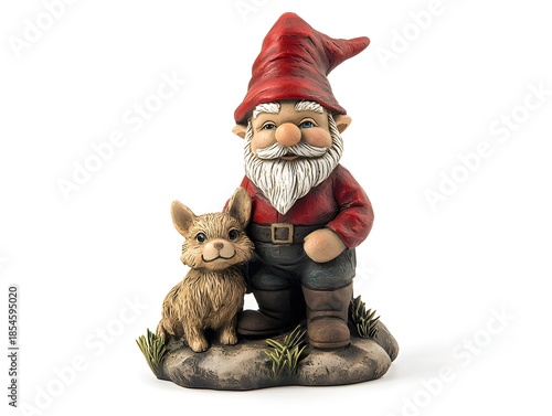 Whimsical garden gnome figurine with a friendly dog companion on a natural rocky base