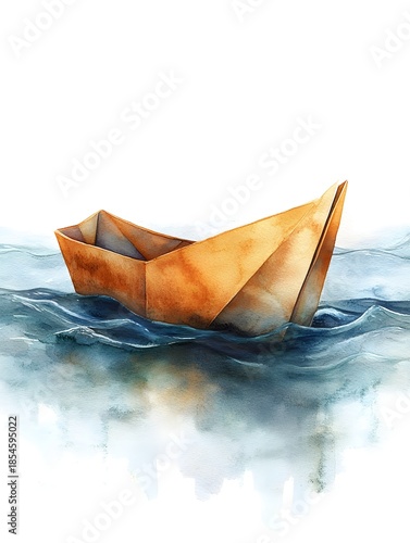 Watercolor painting of an orange paper boat floating on gentle blue water