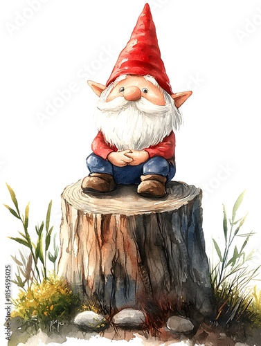 Whimsical watercolor gnome resting on a tree stump surrounded by nature