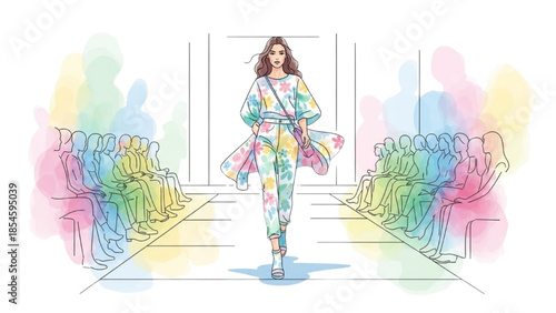 A female model struts down a catwalk surrounded by a colorful audience in a vibrant fashion show