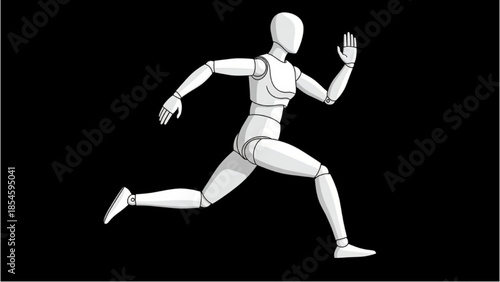 Illustration of a mannequin running in a dynamic pose against a black background