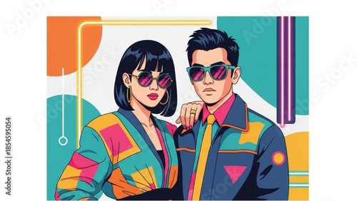 Vibrant couple standing together in a colorful abstract background with geometric shapes and bold fashion statements