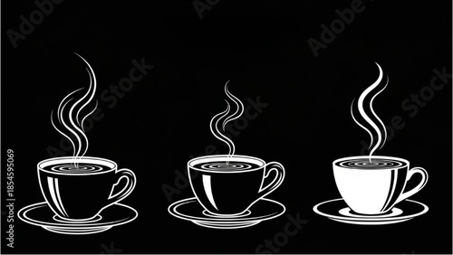 Three stylized coffee cups with steam rising on a black background, viewed from directly above